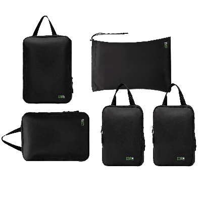 Set of black travel bags with visible brand logo on a white background