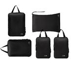 Set of black travel bags with visible brand logo on a white background