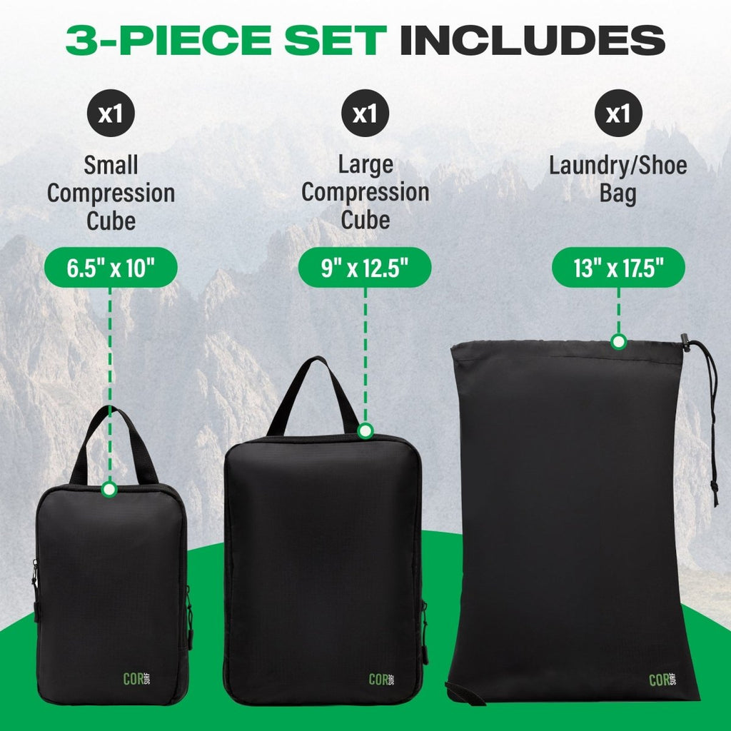 Three black compression cubes with dimensions and a laundry/shoe bag, set against a mountainous background.