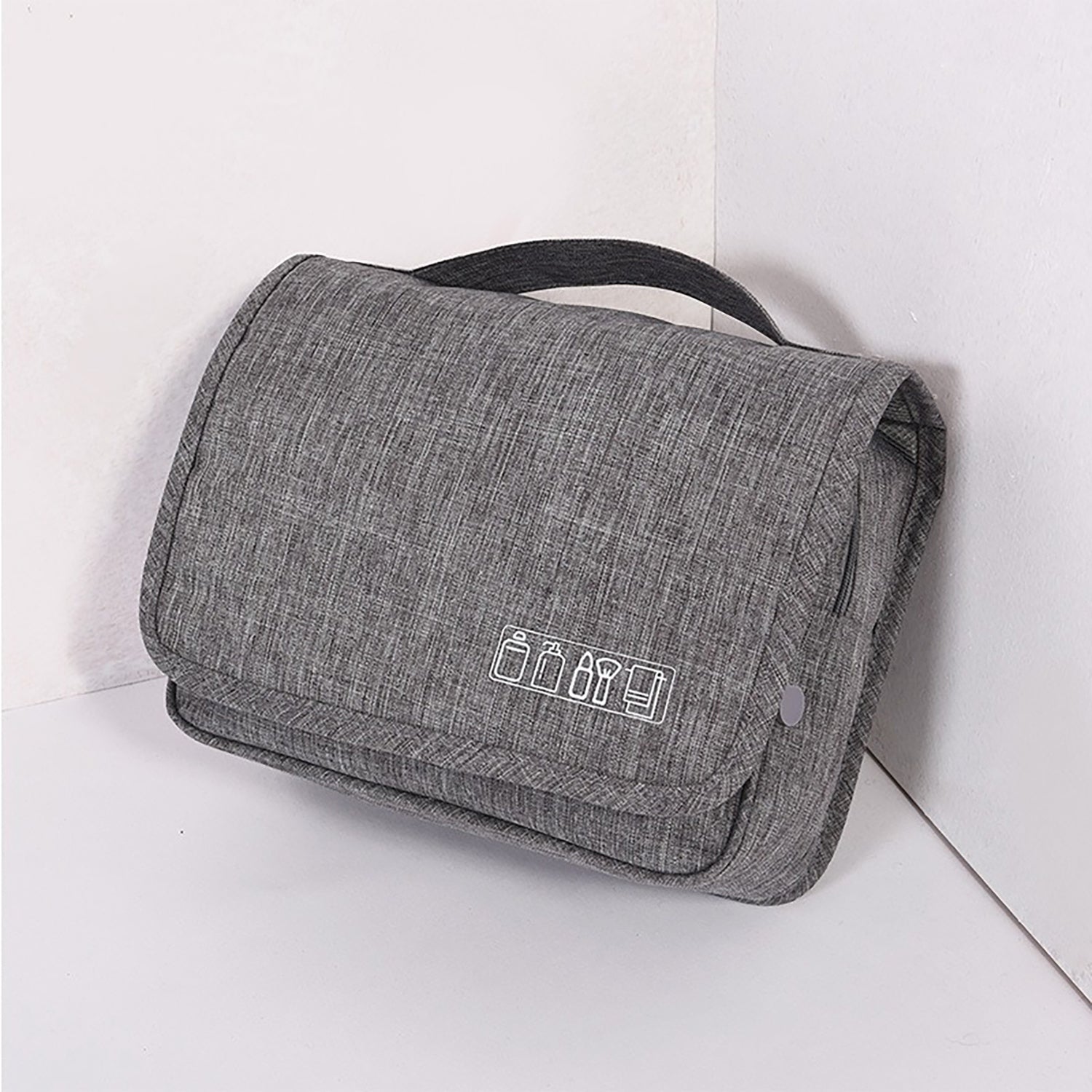 Gray messenger bag with logo on a white background