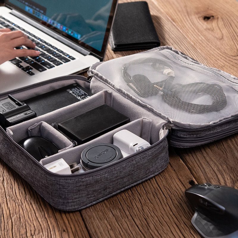 Double-Layer Tech & Cable Organizer with compact travel essentials.