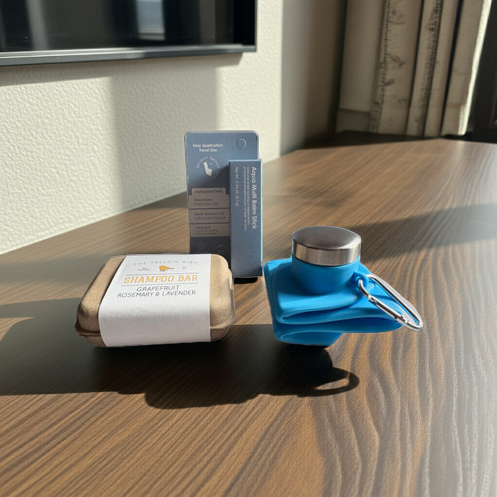 🖤 The Minimalist travel size essentials kit with shampoo bar.