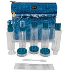 Set of clear bottles with blue caps and a blue patterned pouch on a white background