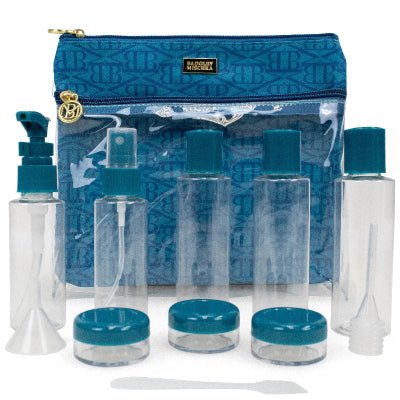 Travel-sized cosmetic set with blue accents and a patterned pouch.
