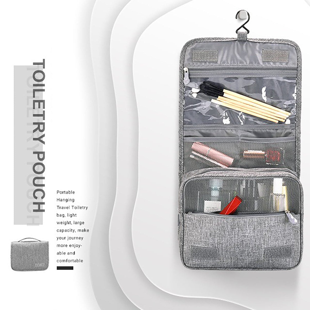 Gray toiletry pouch with hanging hook, containing travel-sized products on a white background.
