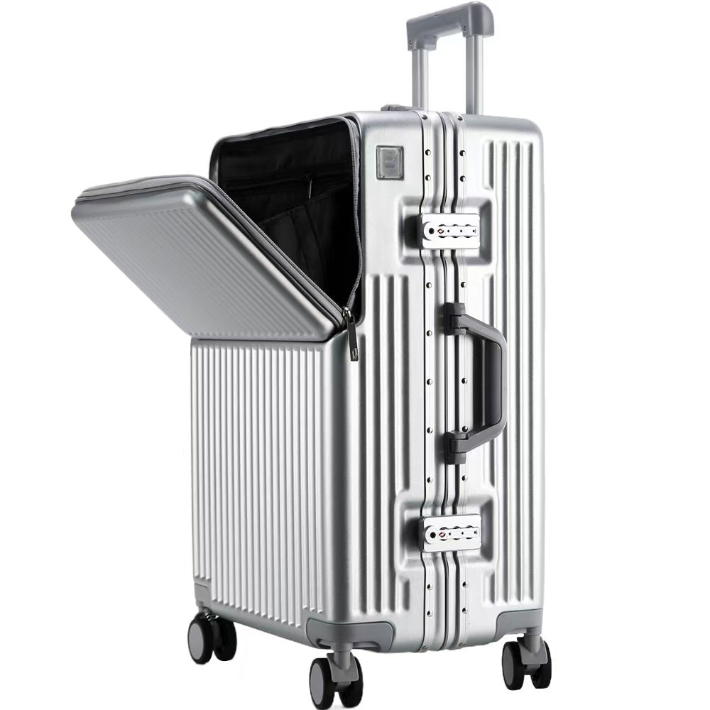 A silver aluminum rolling suitcase with a hinged top lid open to reveal a black interior organizer, shown on a plain white background.