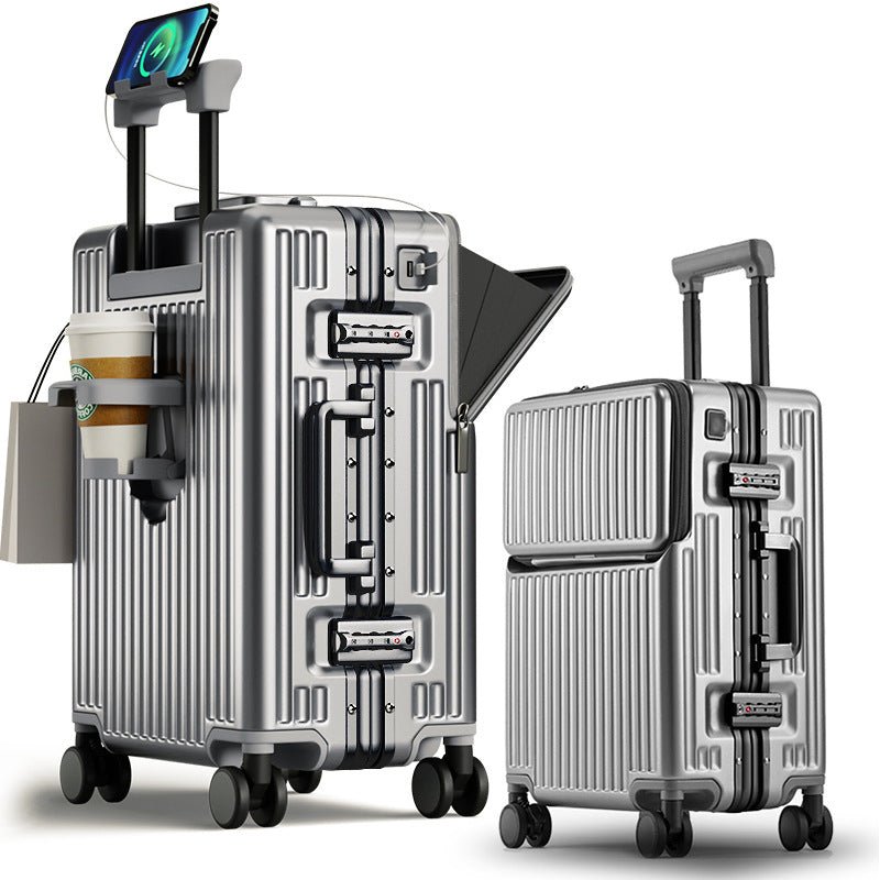 Two silver suitcases with a smartphone on top, one open showing contents.