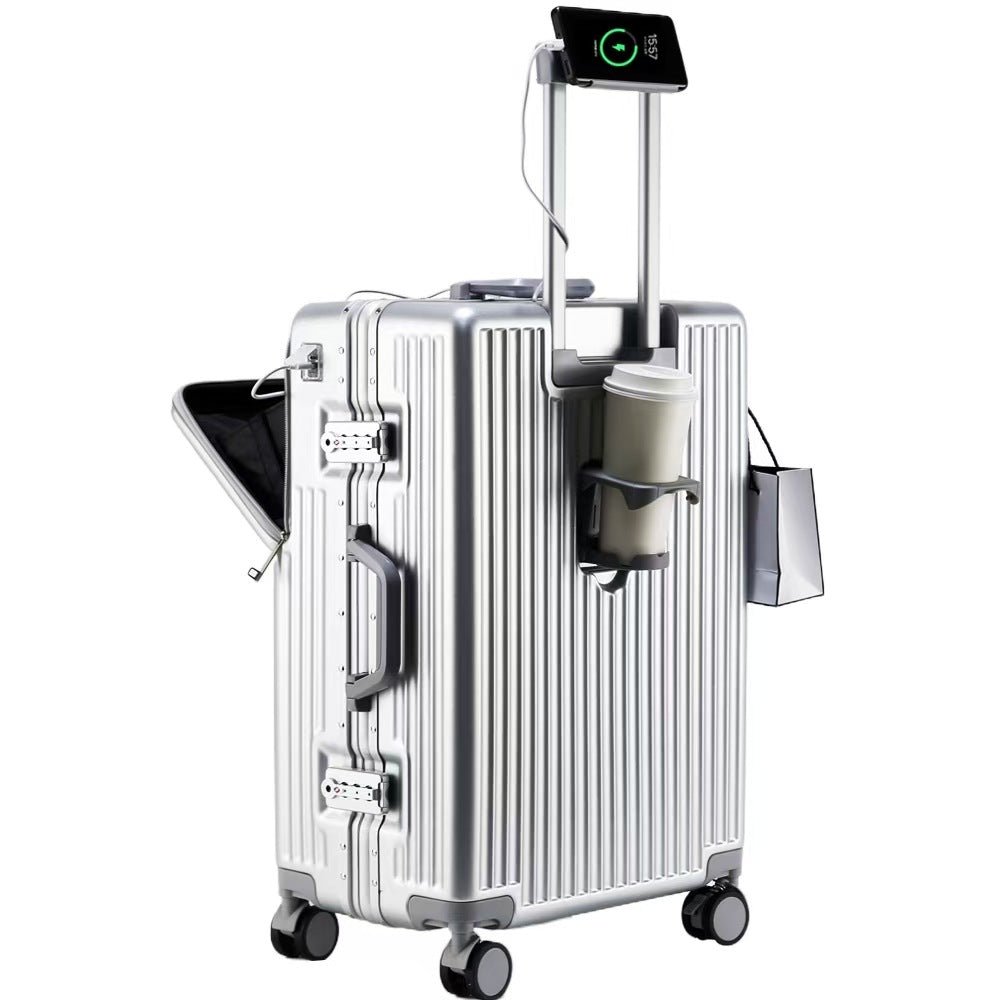 Silver suitcase with attached accessories on a white background