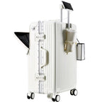 White suitcase with wheels and a handle on a white background