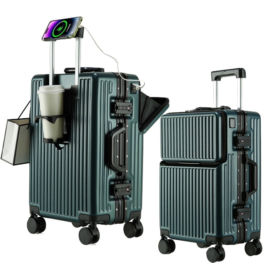 Green suitcase with attached smartphone, cup holder, and additional accessories on a white background