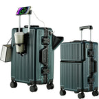 Green suitcase with attached smartphone, cup holder, and additional accessories on a white background