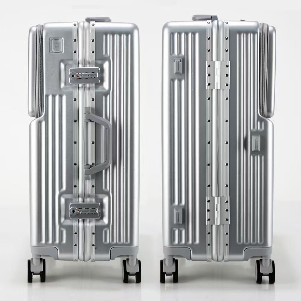 Two silver suitcases with a brand logo on a white background