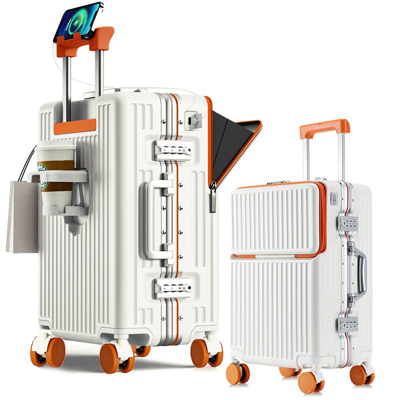 White and orange suitcase with a smaller matching suitcase on a white background