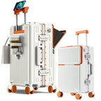 White and orange suitcase with a smaller matching suitcase on a white background