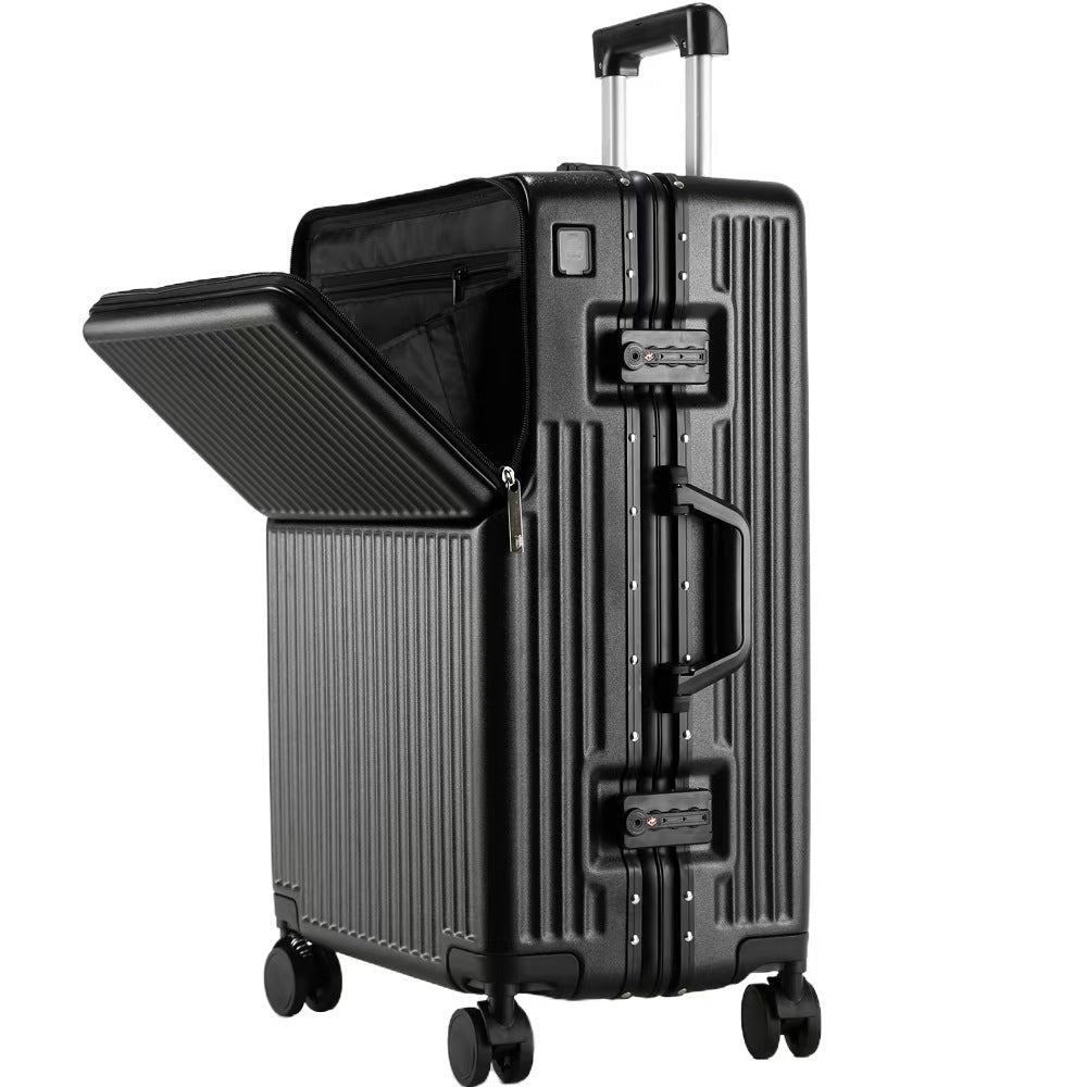Black suitcase with open front compartment on a white background