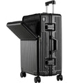 Black suitcase with open front compartment on a white background