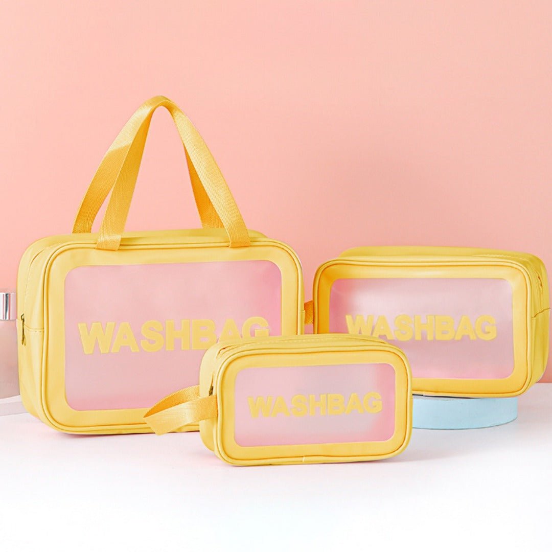 Frosted 3-Piece Toiletry & Makeup Set in yellow with pink accents