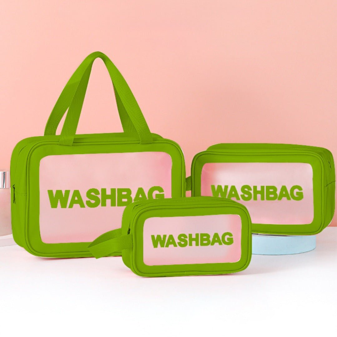 Frosted 3-Piece Toiletry & Makeup Set in green and pink