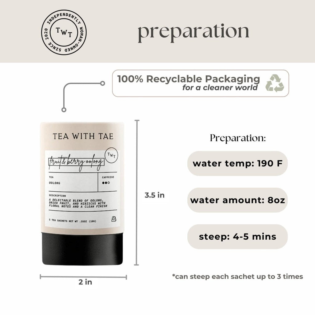 Fruit & Berry Oolong Mini Tea Tube – Sweet & Floral (5 Sachets) preparation instructions and packaging details.