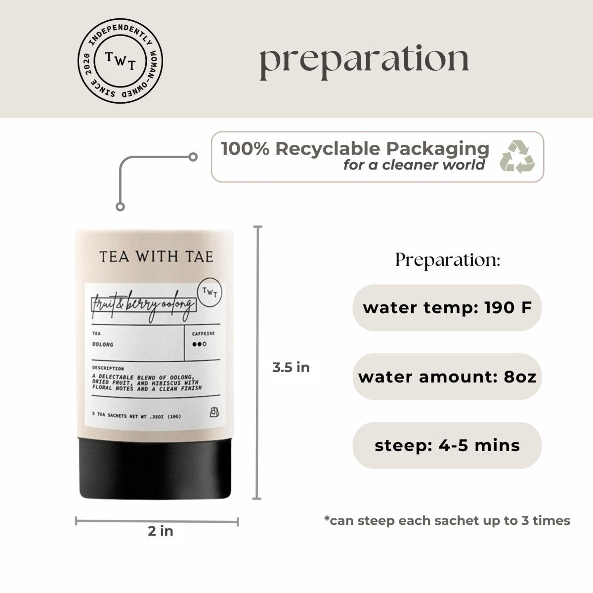 Fruit & Berry Oolong Mini Tea Tube – Sweet & Floral (5 Sachets) preparation instructions and packaging details.