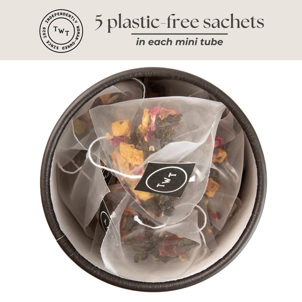 Fruit & Berry Oolong Mini Tea Tube – Sweet & Floral (5 Sachets) in plastic-free sachets.
