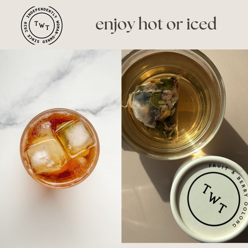 Fruit & Berry Oolong Mini Tea Tube – Sweet & Floral (5 Sachets) in iced and hot tea presentation.