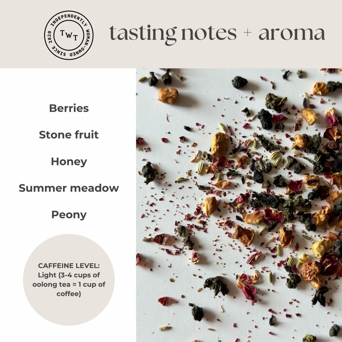 Fruit & Berry Oolong Mini Tea Tube – Sweet & Floral (5 Sachets) tasting notes and aroma aesthetic layout