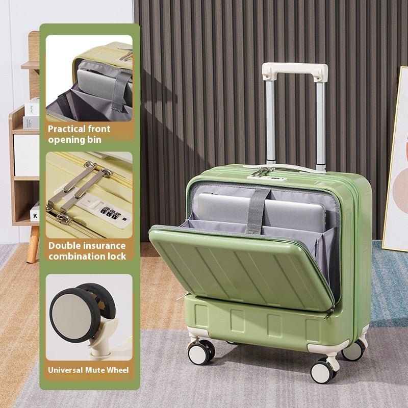 Green suitcase with open front compartment on a carpeted floor, accompanied by a green feature card.