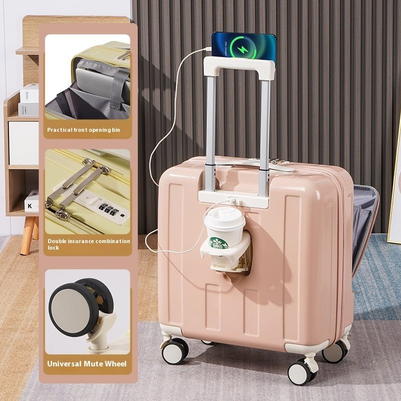 Pink suitcase with charging cable and cup holder, next to a product card with features.