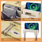 Collage of a travel organizer with features like front expansion warehouse, USB charging port, security lock, and phone holder.
