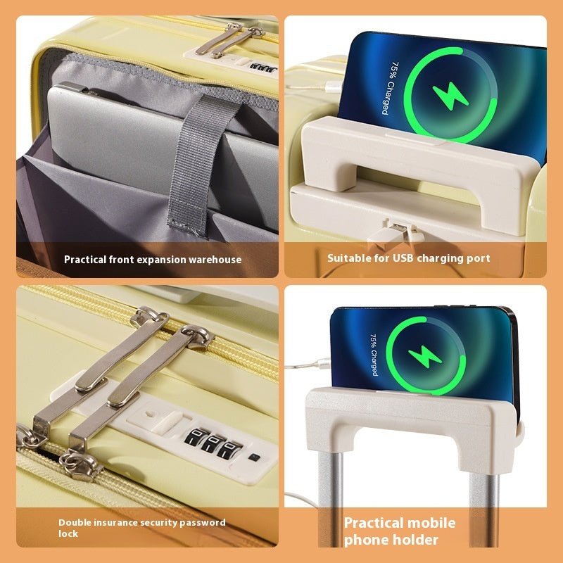 Collage of a travel organizer with features like front expansion warehouse, USB charging port, security lock, and phone holder.