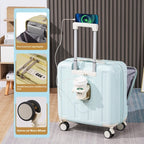 Light blue suitcase with features highlighted on a cardboard stand in a room setting.