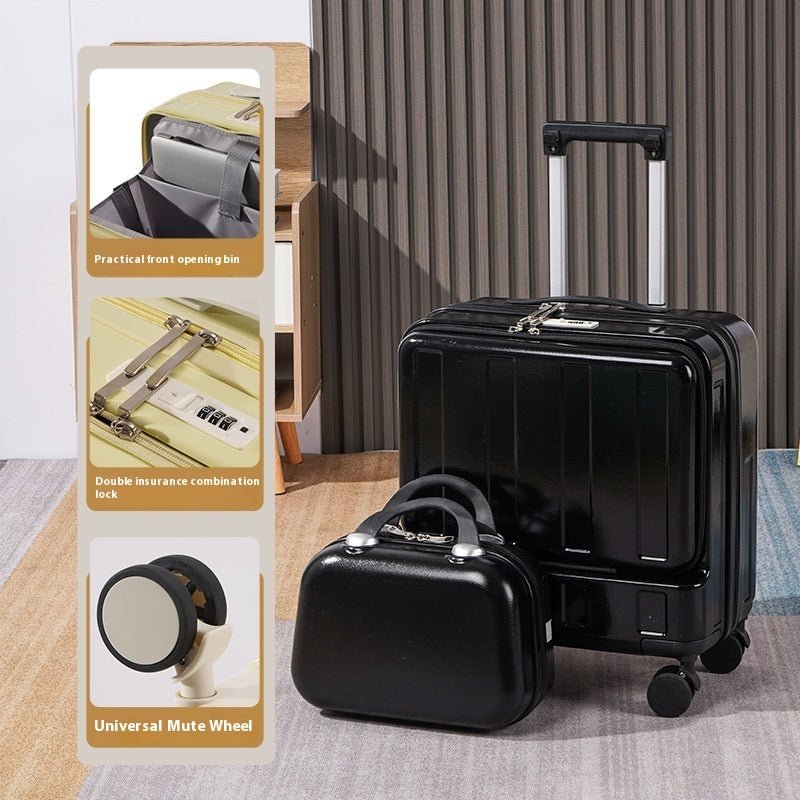 Black suitcase with a packaging box featuring product features on a neutral background