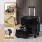 Black suitcase with a packaging box featuring product features on a neutral background