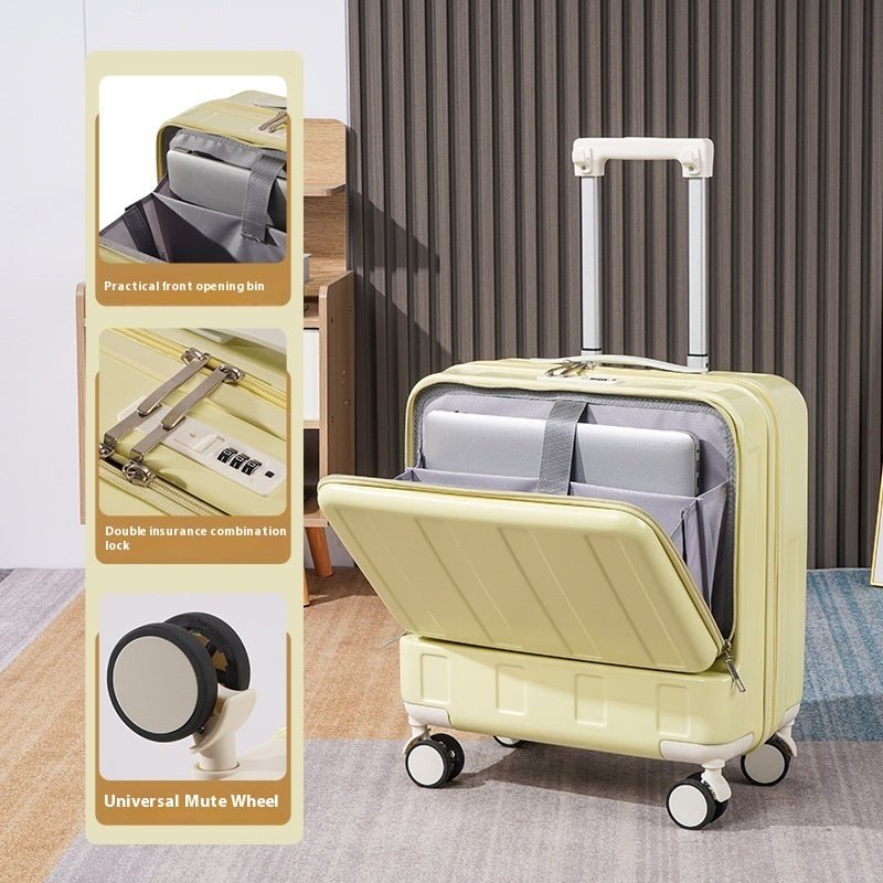 Light yellow suitcase with open compartment showing organized contents, next to a packaging panel highlighting features.