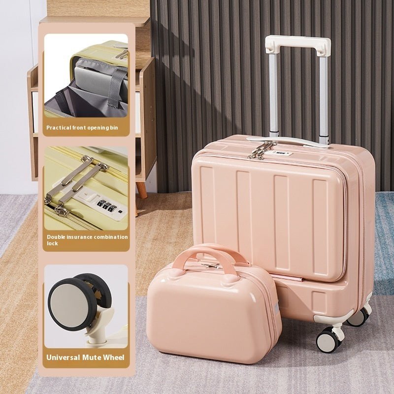Pink suitcase with a matching toiletry bag next to a product card highlighting features.