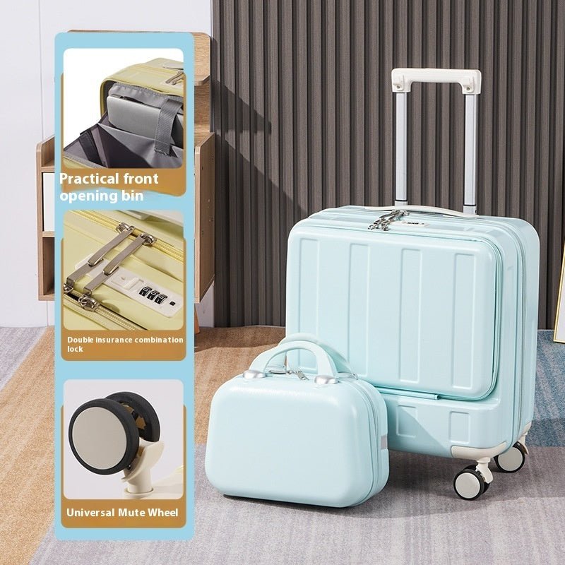Light blue suitcase with a front opening bin and wheels on a neutral background