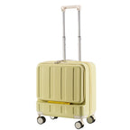 Yellow suitcase with a striped pattern on a white background