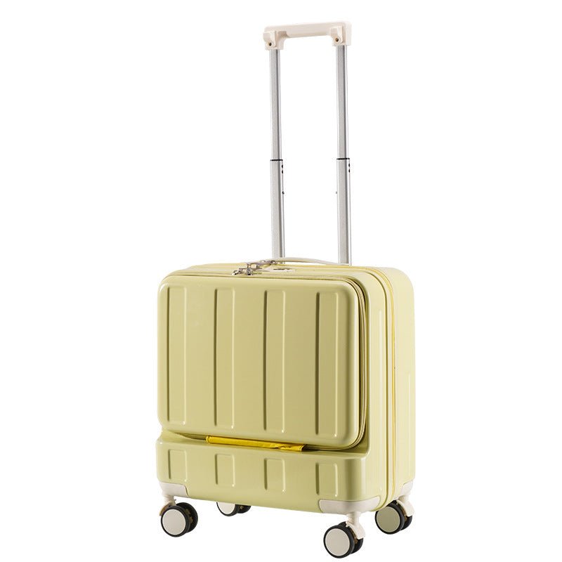 Yellow suitcase with a striped pattern on a white background