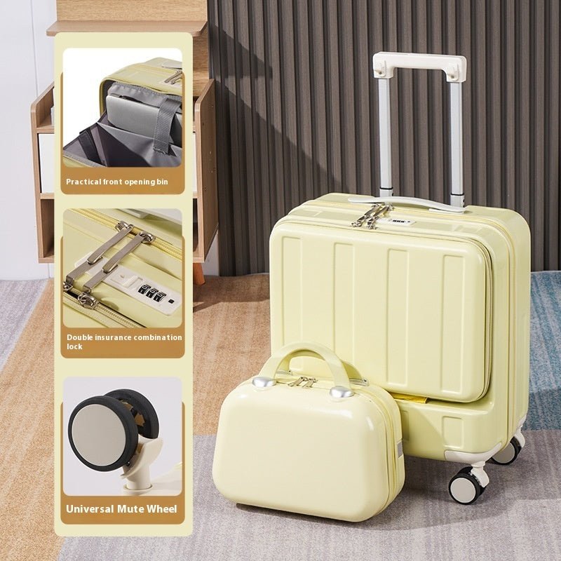 Light yellow suitcase with a smaller matching bag on a carpeted floor, with packaging details on the left.