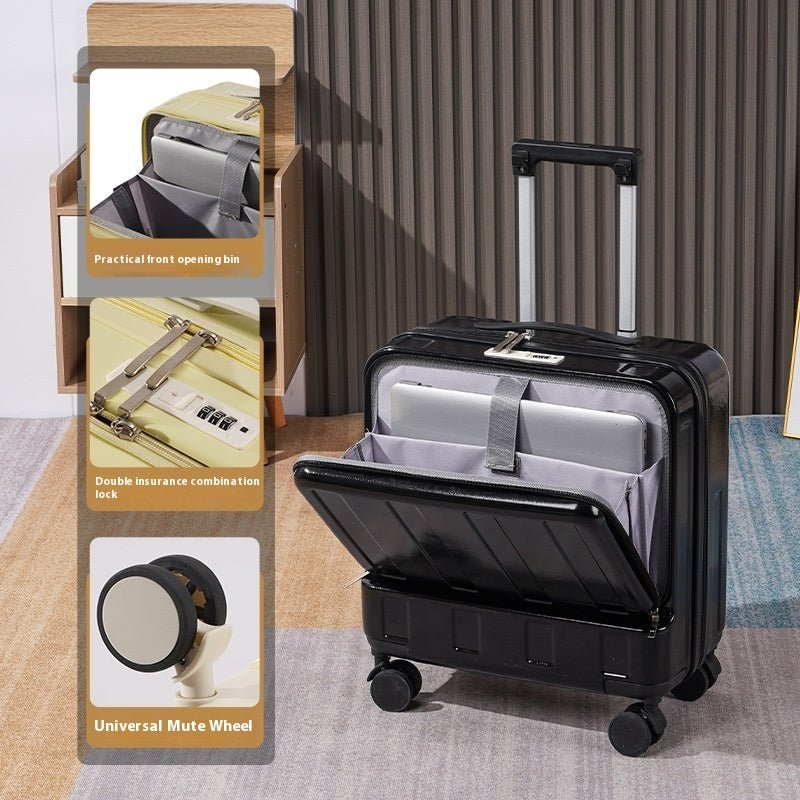 Black suitcase with open compartment next to a packaging display highlighting features.
