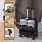 Black suitcase with open compartment next to a packaging display highlighting features.
