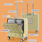 Yellow suitcase with features labeled on an orange background