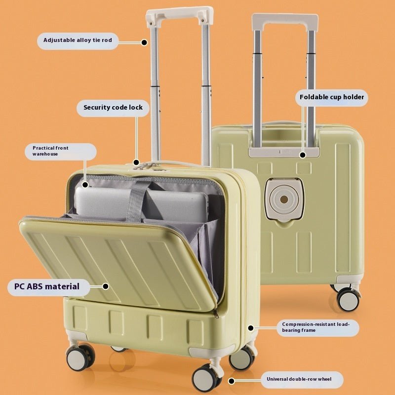 Yellow suitcase with features labeled on an orange background