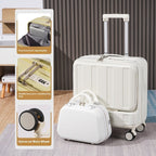 White suitcase with accessories on a carpeted floor, with packaging on the left.