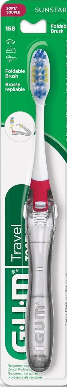 GUM travel folding toothbrush with a red accent in its retail packaging