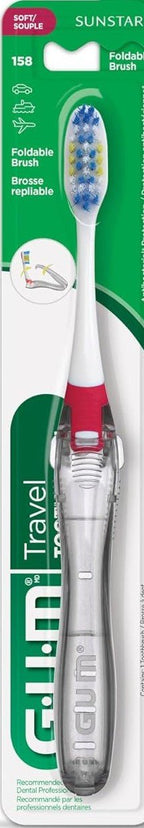 GUM travel folding toothbrush with a red accent in its retail packaging