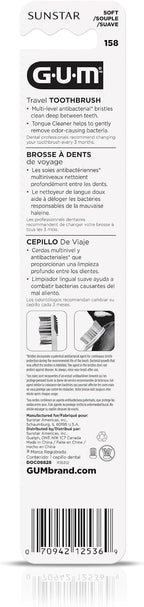 Back of the GUM travel toothbrush package with product details and barcode