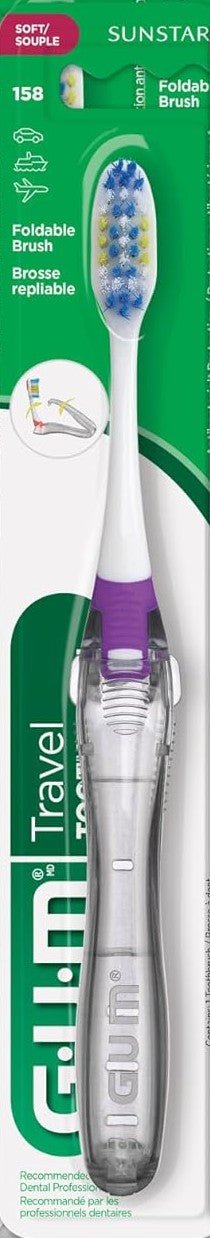 GUM travel folding toothbrush with a purple accent in its retail packaging