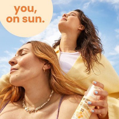 Hawaiian Tropic Silk Hydration Weightless Face Sunscreen SPF 30 in a travel skincare kit with sunbathing models.